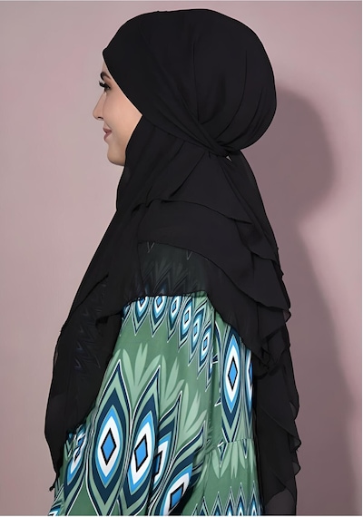 Melodi Scarf Kadın Tesettür Sufle Khimar Peçeli Üç Katlı Şifon Şal Siyah Siyah