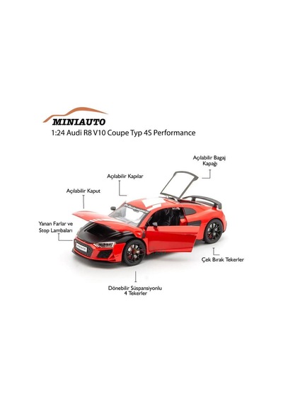 Mınıauto Audi R8 Kırmızı 1:24 Metal Çek Bırak Kapıları Açılan Sesli Işıklı Araba Kırmızı
