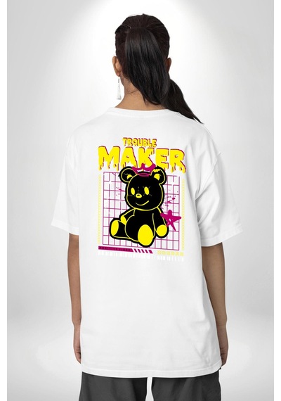 Baş Belası Teddy Beyaz Oversize Unisex Ön Ve Sırt Baskılı Tişört Beyaz