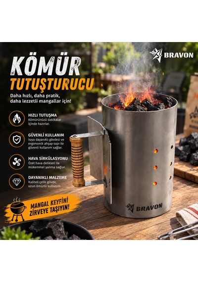 Bravon Outdoor Tutuşturma Bacası , Kömür Ateşleme Bacası, Har Bacası,1,2mm Paslanmaz Ömürlük , Siperlikli