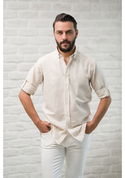 Slimfit Fit Yaka Düğmeli Çizgili Yazlık Gofre Kumaş Erkek Gömlek Kahverengi