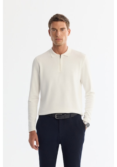 Avva Erkek Ekru Fermuarlı Polo Yaka Rayon Tüylenmeyen Regular Fit Triko Kazak A42y5009