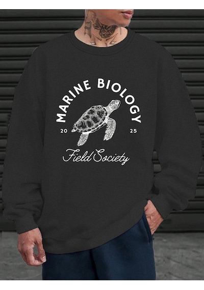 Tarzsokak Deniz Biyolojisi Kaplumbağa Baskılı Sweatshirt Erkekler İçin Bisiklet Yaka Günlük Kazaklar Po Antrasit