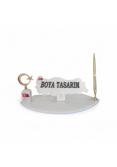 Doğal Beyaz Mermer Masa İsimlik Gold Kalem Ve Ayyıldız