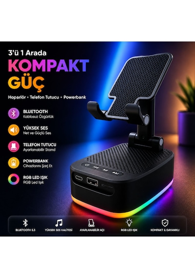 Rgb Ledli 3 In 1 Telefon Tutucu Powerbank Ve Bluetooth Hoparlör Özellikli Tf Kart Ve Usb Bellek Destekli Taşınabilir Telefon Tutucu