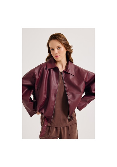 Meecy Yeni Sezon Suni Oversize Bomber Deri Ceket Bordo Bordo