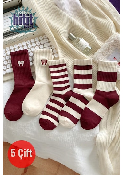 Hitit Socks Kadın 5 Çift Premium Kalite Kırmızı Beyaz Çizgili Kurdele Detaylı Uzun Kolej Çorap Çok Renkli