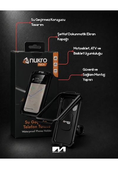 Nukro Tech M18-54 Gidon Bağlantılı Su Geçirmez Telefon Tutucu Siyah