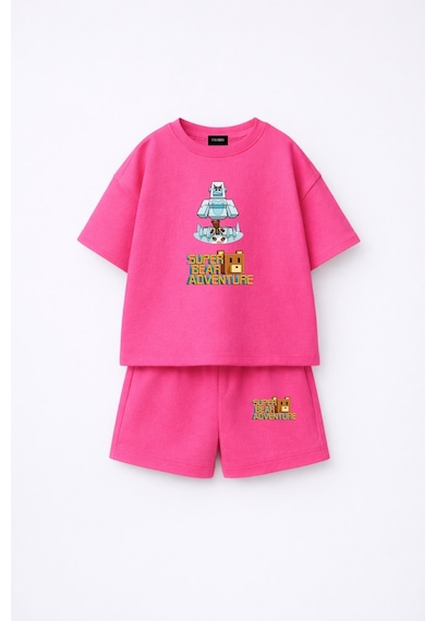 Fasardi Super Bear Adventure Süper Ayı Baskılı Oversize %100 Pamuk Kısa Kollu Unisex Çocuk T-shirt Fuşya