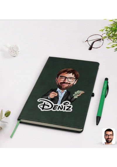 Kişiye Özel Erkek Milyoner Karikatürlü Yeşil Termo Deri Defter Ka
