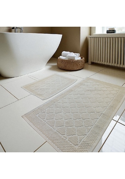 Banyo Pamuk Paspas Seti, Kaymaz Taban, Şık Ve Dayanıklı 60x100 / 60x50 Ölçülerinde Krem