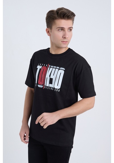 Velvoria Unisex Oversize Siyah Desenli Tokyo T-shırt