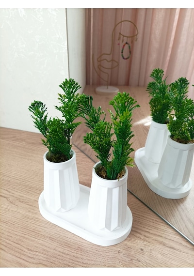 Mini Düz Desenli Beton Saksı İkili Ve Oval Tabak-yapay Çiçek Hediyeli - Yeşil Tomurcuk