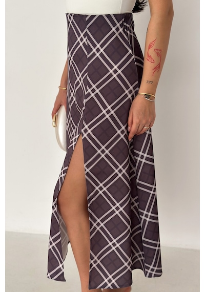 Kadın Yırtmaç Detaylı Ekose Uzun Etek Slit Plaid Mor