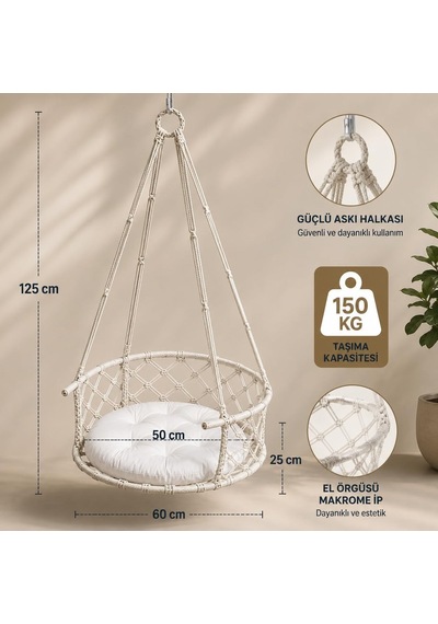 Makrome Salıncak Hamak, Minderli El Yapımı Örgü Asma Salıncak, 125 Kg Taşıma Kapasiteli, Balkon, Bahçe Ve Ev İçin Dekoratif Hamak, 60 Cm