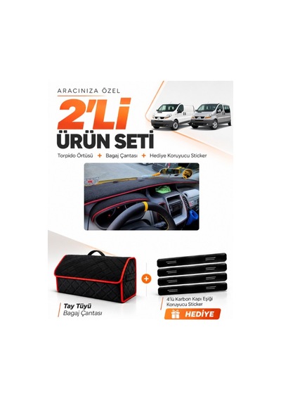 Renault Trafıc 2001-2014 Uyumlu Torpido Örtüsü + Tay Tüyü Bagaj Çantası + Sticker - Siyah Kırmızı