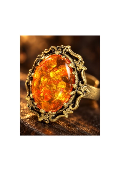 Esoo Jewelry Kehribar Taşlı Vintage Oval Ayarlanabilir Yüzük Antik Pirinç Kadın Gold