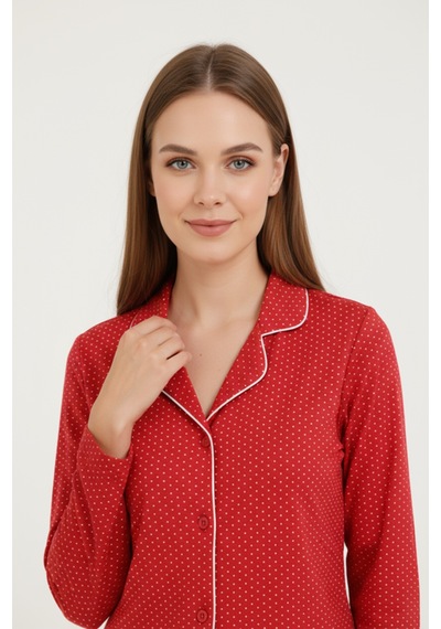 Bravie Luxury Viscose Kırmızı Puantiye Desenli Kadın Uzun Kollu Büyük Beden Pijama Takımı 42517 Bordo