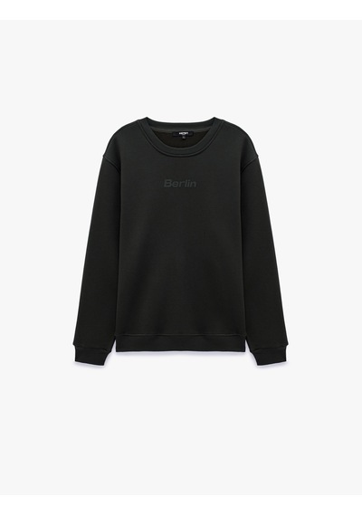 Koton Üç İplik Şardonlu Regular Fit Baskılı Bisiklet Yaka Uzun Kollu Sweatshirt Haki 7wam70037mk