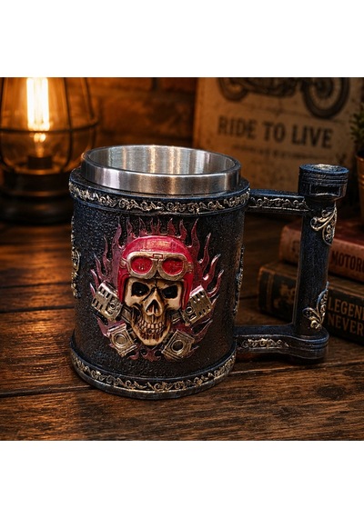 Kuru Kafa Motorcu Tasarımlı 3d Metal Kupa Bardak - Çelik İç Yüzey