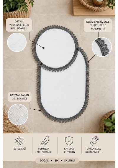El Yapımı Bohem Banyo Paspası 2'li Peluş Kaymaz Jel Taban Yuvarlak 60x60 Cm Ve Oval 55x100 Cm Beyaz Gri