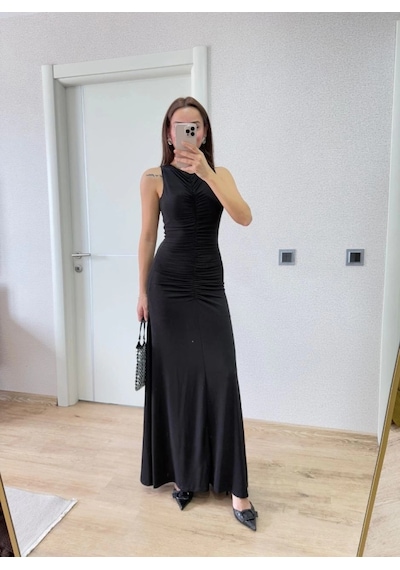 Valensdesign Kolsuz Büzgülü Uzun Elbise - Siyah