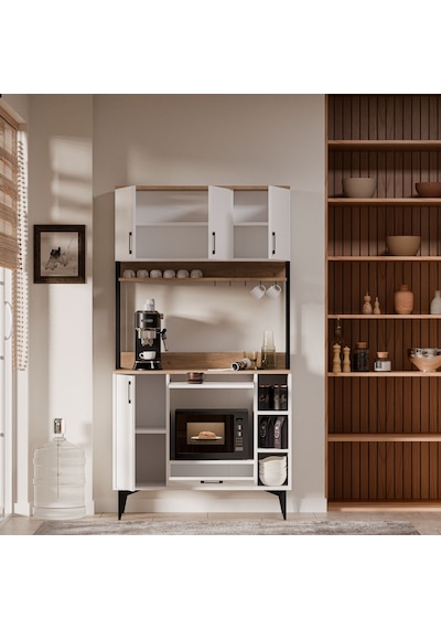 MEZZA 5260 COFFEMATE Kahve Köşesi 105 cm Çok Amaçlı Dolap Kiler Mutfak Dolabı Sepet Beyaz