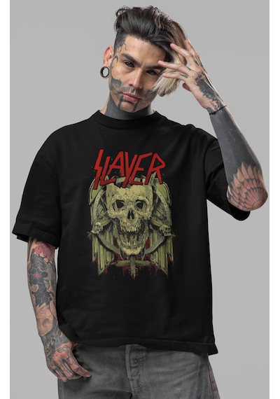 Slayer Rock Metal Müzik Grubu Ön Baskılı Unisex Oversize Tişört Siyah