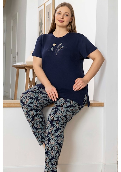 Aydoğan Kadın İnci Büyük Beden Kısa Kol Lacivert Pijama Takım 0058 Lacivert