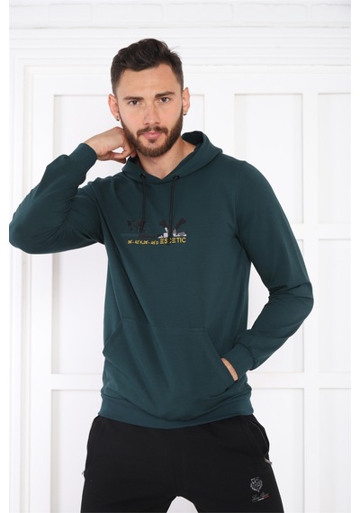 Escetic Spor Erkek Yeşil Cepli, Kapüşonlu Sweatshirt-4175
