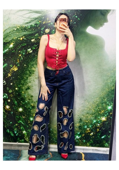 Orvelia Kristal Çerçeveli Pencere Detaylı Geniş Paça Denim Pantolon Eclipse Lacivert
