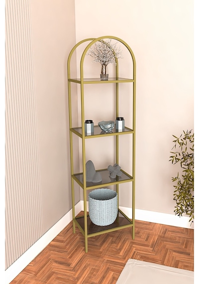 Mona Gold Köşe Kitaplık Dekoratif Aksesuar Rafı Mutfak Rafı 40cm Füme Camlı