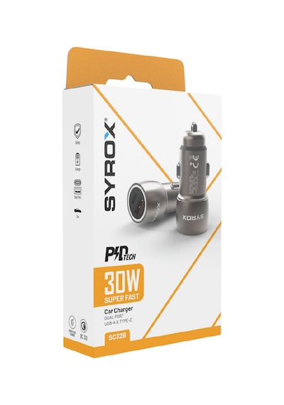 Syrox Sc32b 3.1a 30w Pd Q.c. 3.0 1xtype-c + 1xusb-a Çıkışlı Hızlı Araç Şarj Cihazı - Metalik Füme