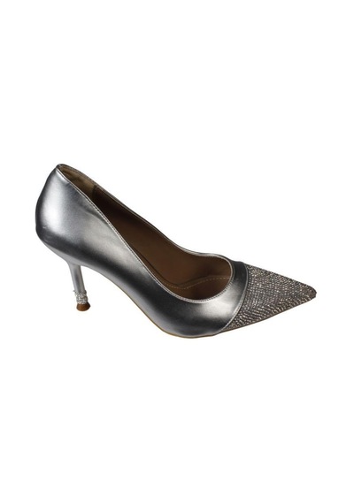 Yazkış Kadın Siyah Gümüş Cilt Önü Ve Topuğu Taşlı 9cm İnce Topuk Stiletto Ayakkabı Gümüş