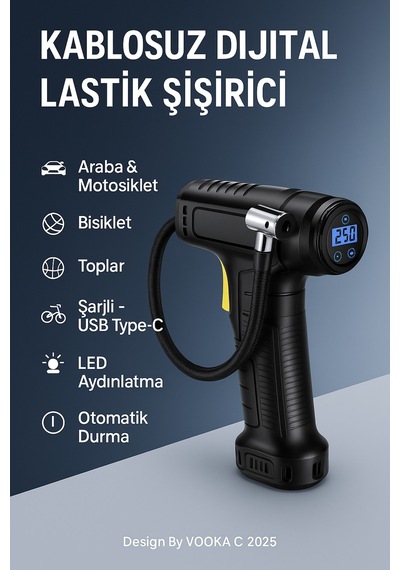 Şarjlı Dijital Hava Kompresörü 150 Psı Lcd Ekran, Led Işık, Type-c, 3600 Mah Araba Lastik