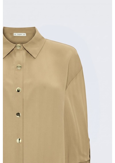 Sateen Çizgili Kolu Katlama Detaylı Gömlek - Bej-137838