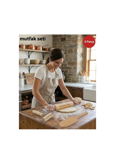 Kamptek Ahşap 3 Lü Mutfak Hazırlık Seti Merdane 35 Cm Rulo Merdane Hamur Çevirme Sptulası