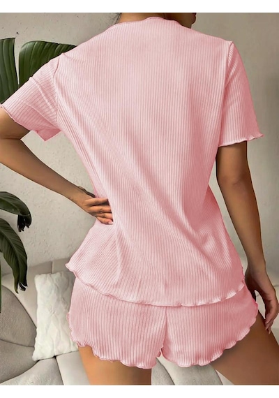 Bella Notte V Yaka Toz Pembe Pamuklu Fiyonk Detaylı Pijama Takımı