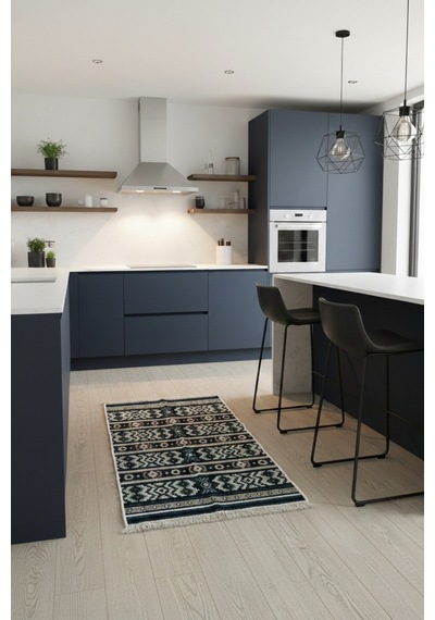 Minimal Lacivert Modern Desen Çift Taraflı Makinede Yıkanabilir Ev İçi & Dış Mekan Uyumlu Kilim Renkli
