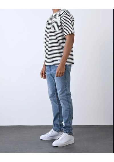 Bisiklet Yaka Tek Cepli Çizgili T-shirt - Siyah