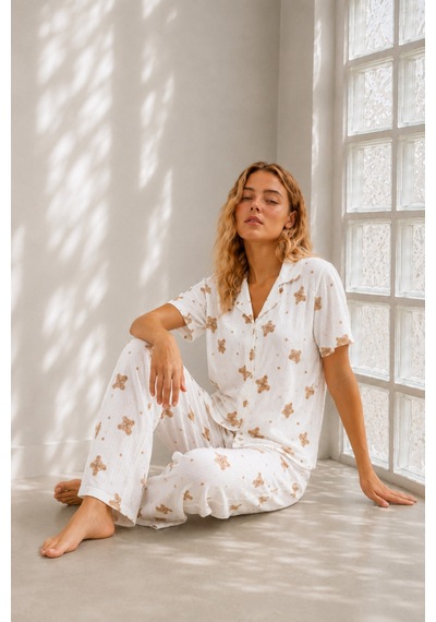 Kadın Genç Loose İpliği Boyalı Kırık Beyaz Pijama Takımı