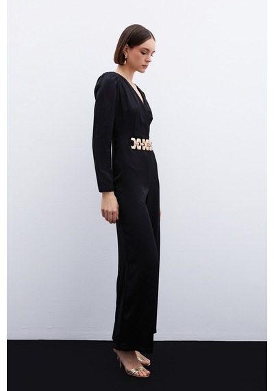 Sateen Birleşik Kemerli Saten Tulum - Siyah-136068 Siyah