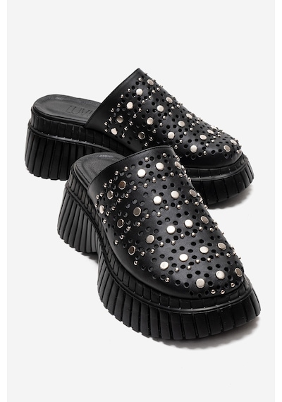 Luvishoes Harlow Siyah Cilt Hakiki Deri Troklu Kadın Dolgu Tabanlı Terlik