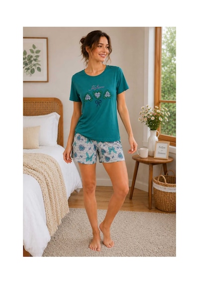 Tenra Kadın Şortlu Pijama Takımı %100 Pamuk Yeşil