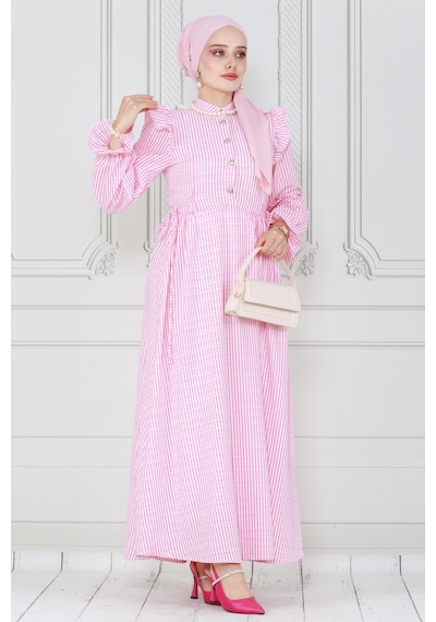 Sevitli Pötükare Fırfır Detaylı Eda Elbise-pembe-4036-pembe Pembe