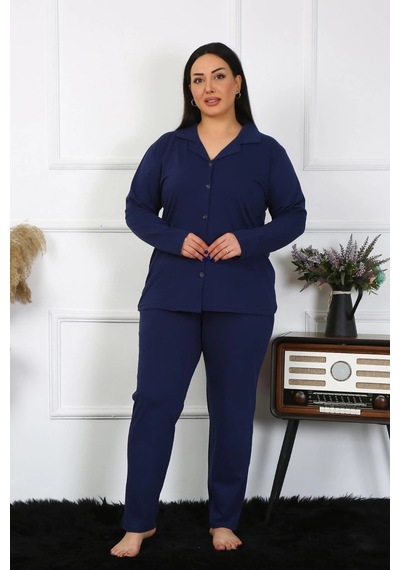 Lenaca Kadın Büyük Beden Pamuklu Cepli Düğmeli Lacivert Pijama Takım Lacivert