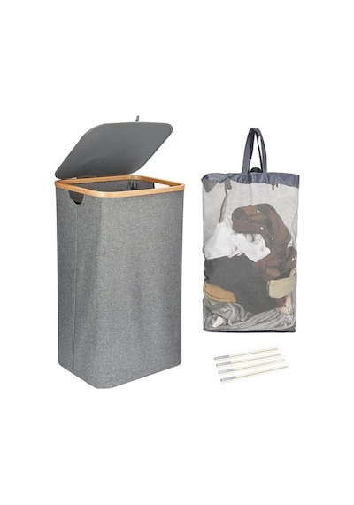 Mien Bambu Kenarlı Kumaş Katlanabilir 100 Lt Çamaşır Sepeti 44x33x70 Gri