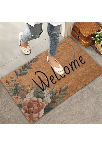 Valerine Life Vintage Kahverengi Zambak Ve Kalp Welcome Kapı Önü Paspası 45x70cm
