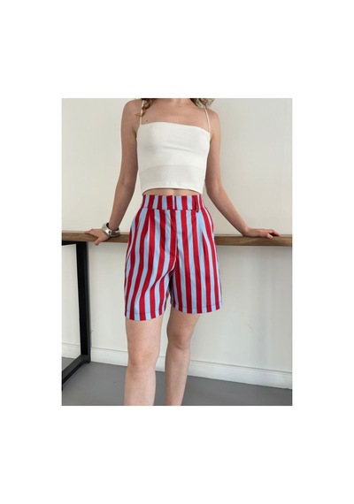 Verymoda Çizgili Pileli Bermuda Şort D3097 Kırmızı Mavi