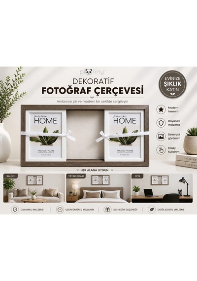 Pionny 3 Fotoğraflı Büyük Boy Sürgülü Dekoratif Ahşap Çerçeve 13x18 Cm Koyu Kahve